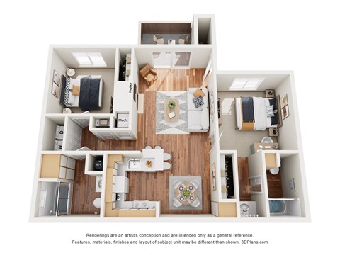 Floor plan for 2 beds, 2 baths, 966 sqft